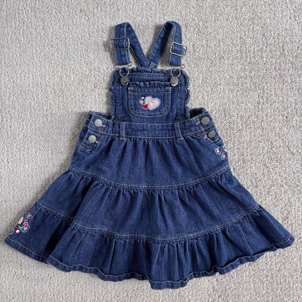 Wonderkids Girls Denim Pinafore Overalls Tiered Dress Embroidery Hearts Coquette